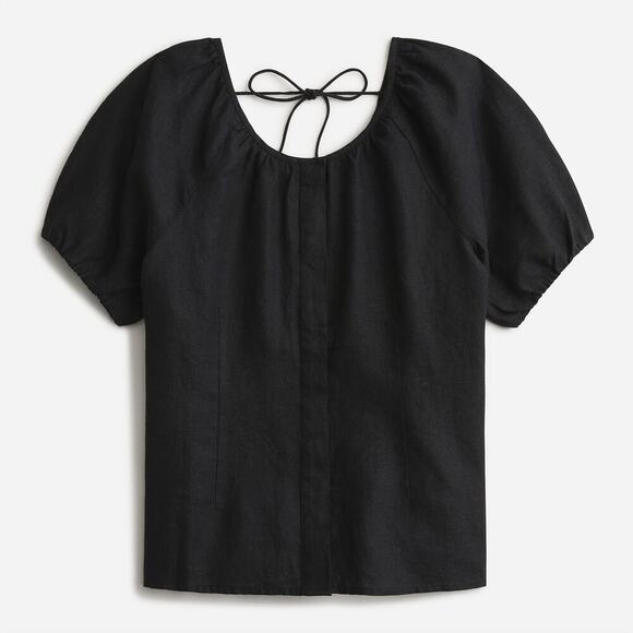 NWT J, Crew Puff Sleeve V-Back Button-Front Linen Blouse Top Black Womens Size 2 - Picture 1 of 11